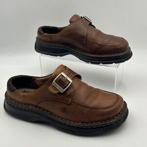 Born Brown Leather Buckle Slip-On Clogs
